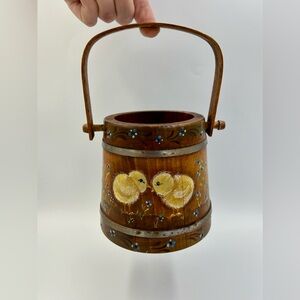 Vintage Basketville Hand-Painted Wood Pail: Yellow Chick Folk Art Easter Decor